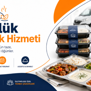 Brand banner for daily meal delivery service with Turkish text; shows meal trays, takeaway boxes and a delivery van.